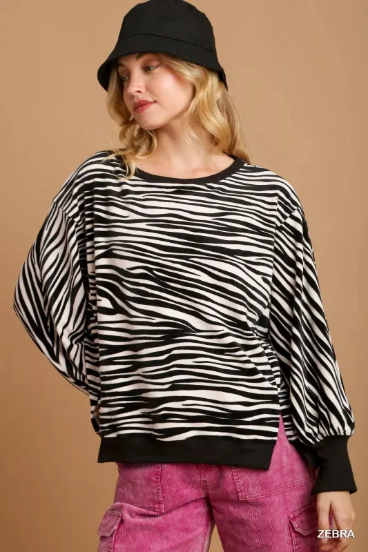 Umgee Zebra Striped Fleece Pullover Sweater Shirt sold by Charming Charlie
