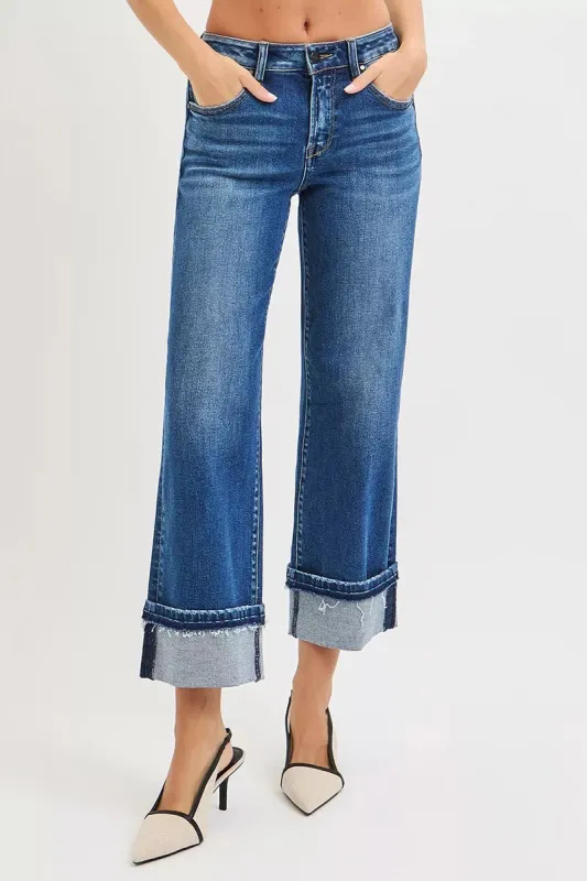 RISEN Mid Rise Ankle Straight Jeans with Cuffed Hem sold by Charming Charlie