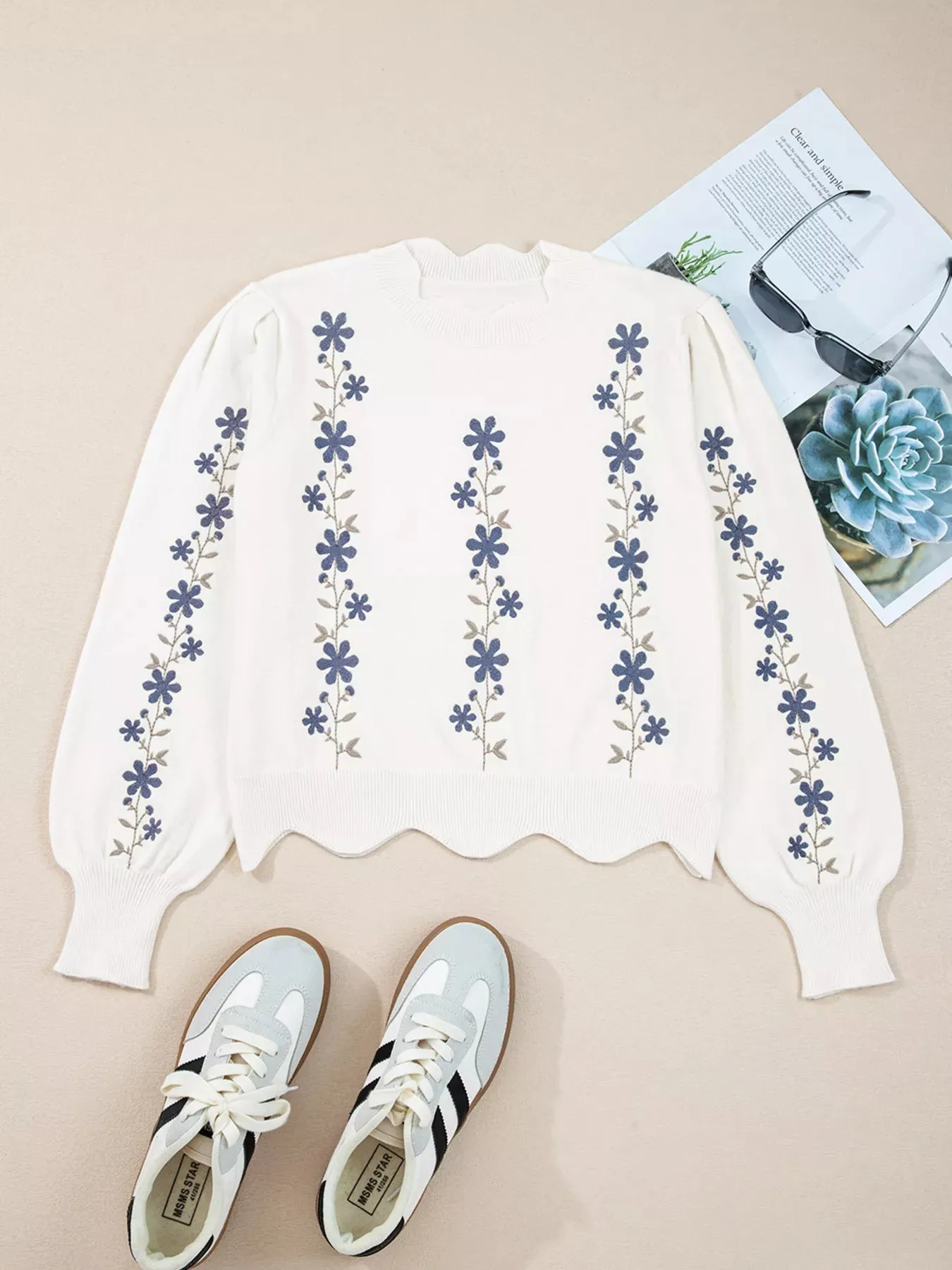 Floral Embroidered Scallop Hem Cropped Sweater sold by Charming Charlie product image thumbnail 3