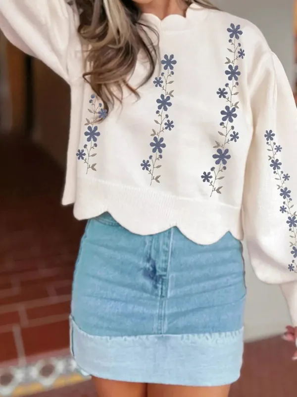 Floral Embroidered Scallop Hem Cropped Sweater sold by Charming Charlie