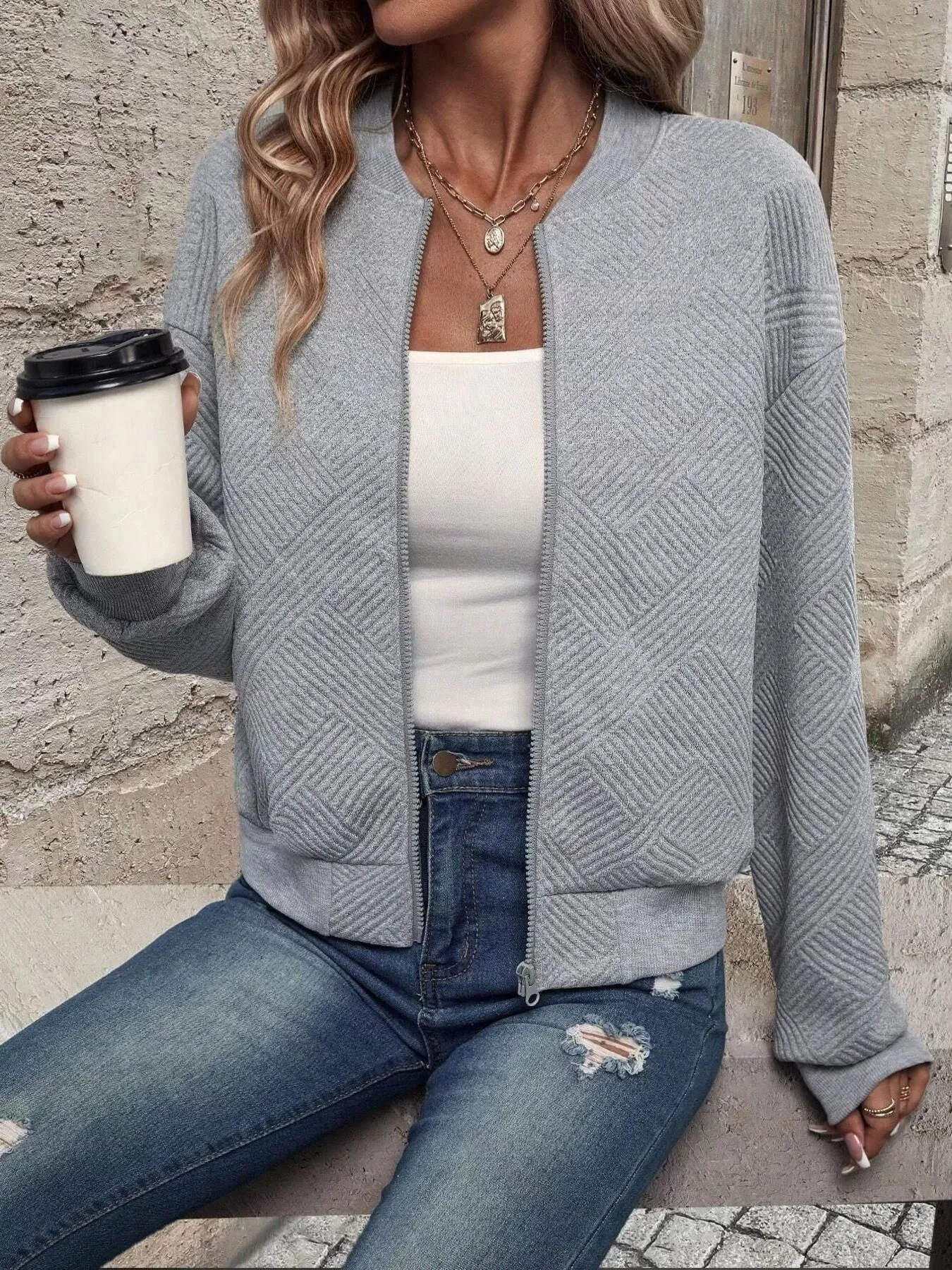 Texture Zip-Up Bomber Jacket sold by Charming Charlie product image thumbnail 2