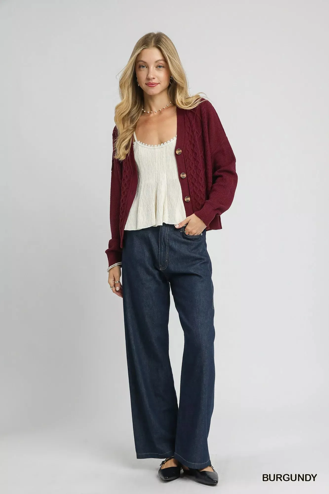 Umgee Chunky Cable Knit V-Neck Button-Up Cardigan sold by Charming Charlie product image thumbnail 3