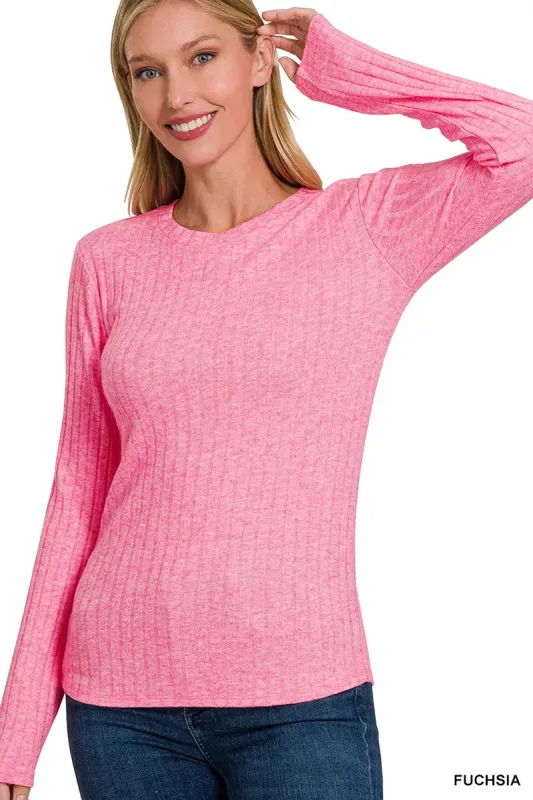 Zenana Ribbed Long Sleeve Round Neck T-Shirt sold by Charming Charlie