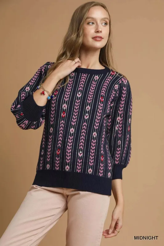 Umgee Jacquard Knit Puff Sleeve Sweater sold by Charming Charlie