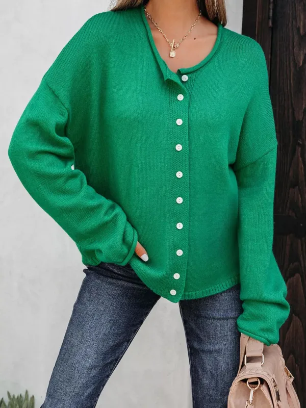 Solid Color Knit Button Drop Shoulder Sweater Cardigan sold by Charming Charlie