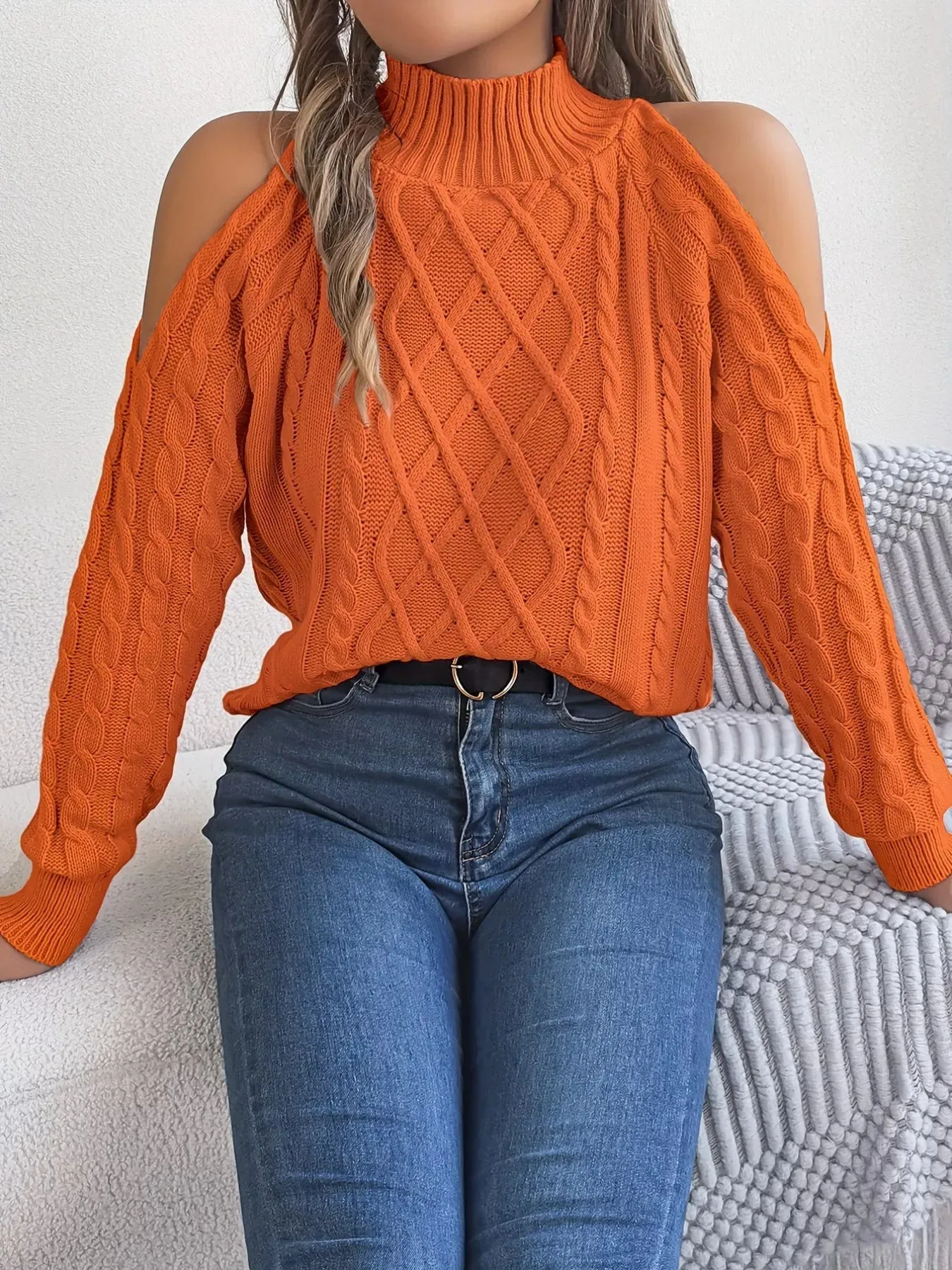 Cable Knit Cold Shoulder Turtleneck Sweater sold by Charming Charlie product image thumbnail 5