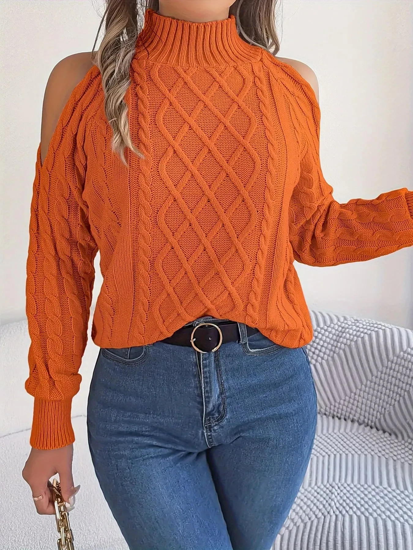 Cable Knit Cold Shoulder Turtleneck Sweater sold by Charming Charlie product image thumbnail 3