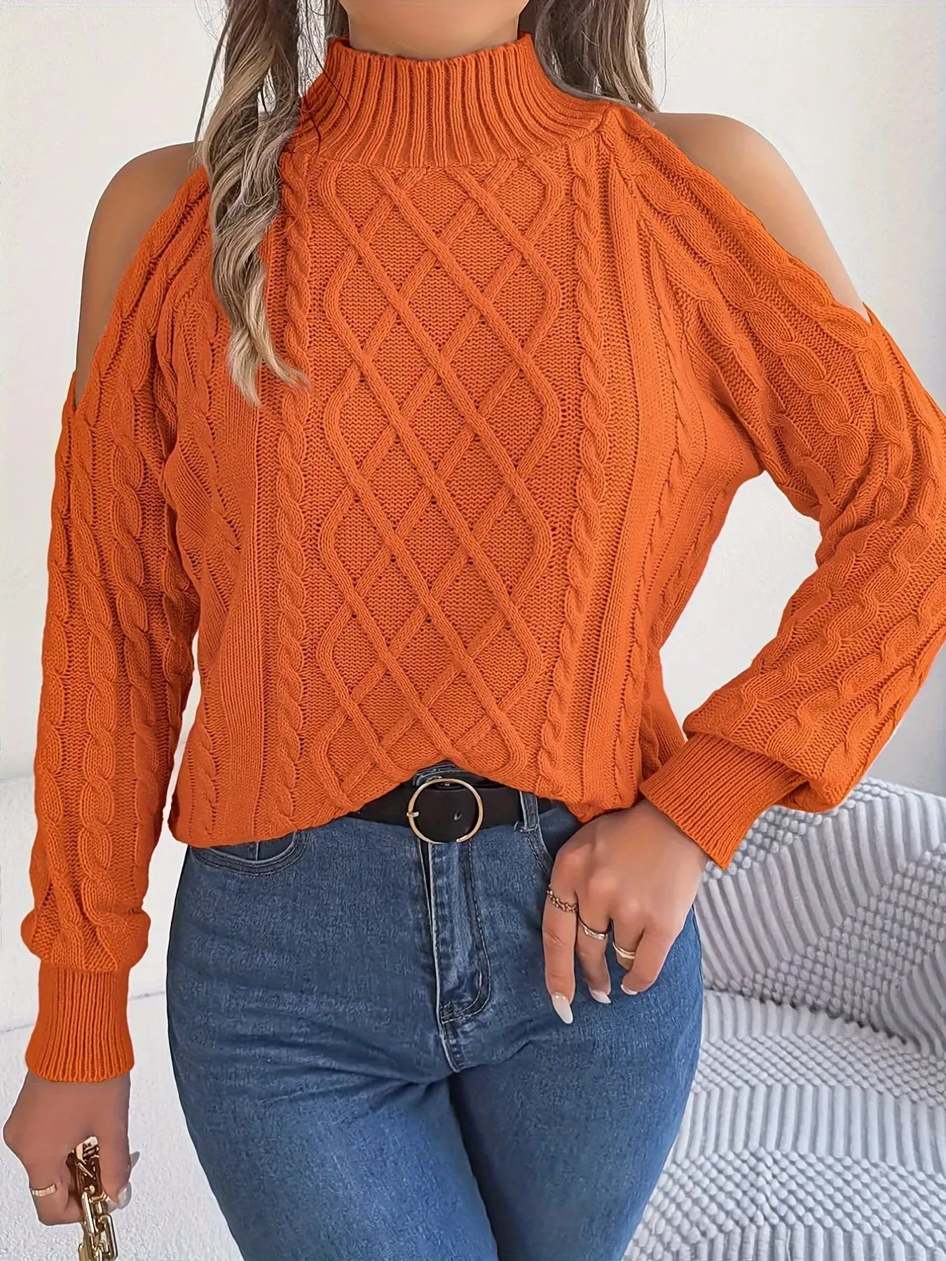 Cable Knit Cold Shoulder Turtleneck Sweater sold by Charming Charlie product image thumbnail 4