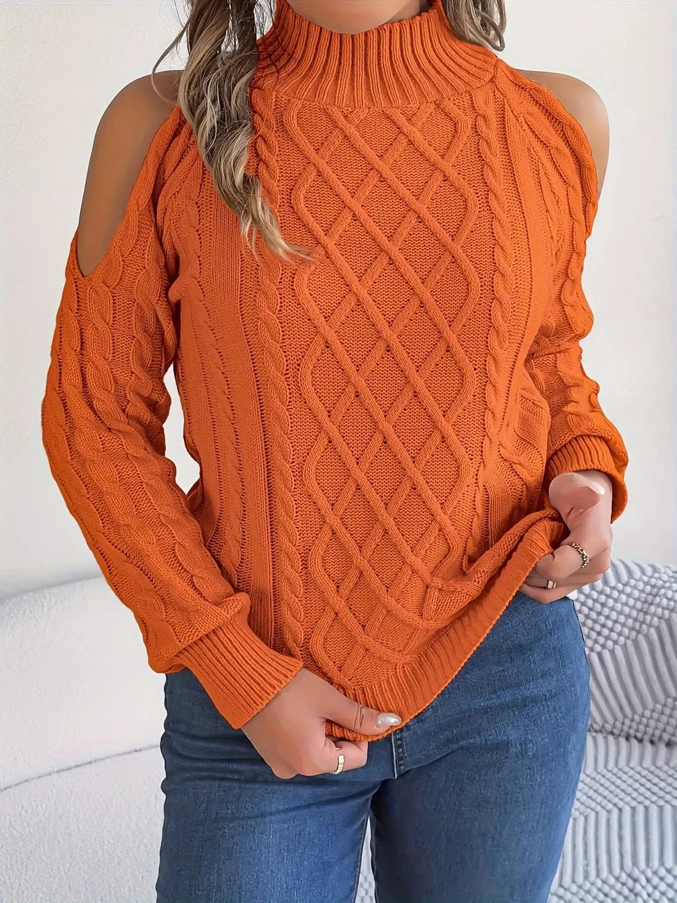 Cable Knit Cold Shoulder Turtleneck Sweater sold by Charming Charlie