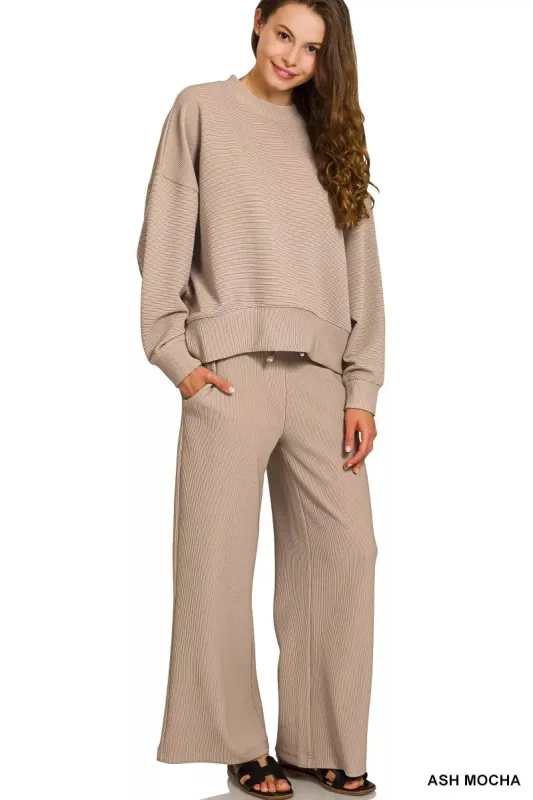 Zenana Ribbed Round Neck Pullover and Drawstring Pants Set sold by Charming Charlie