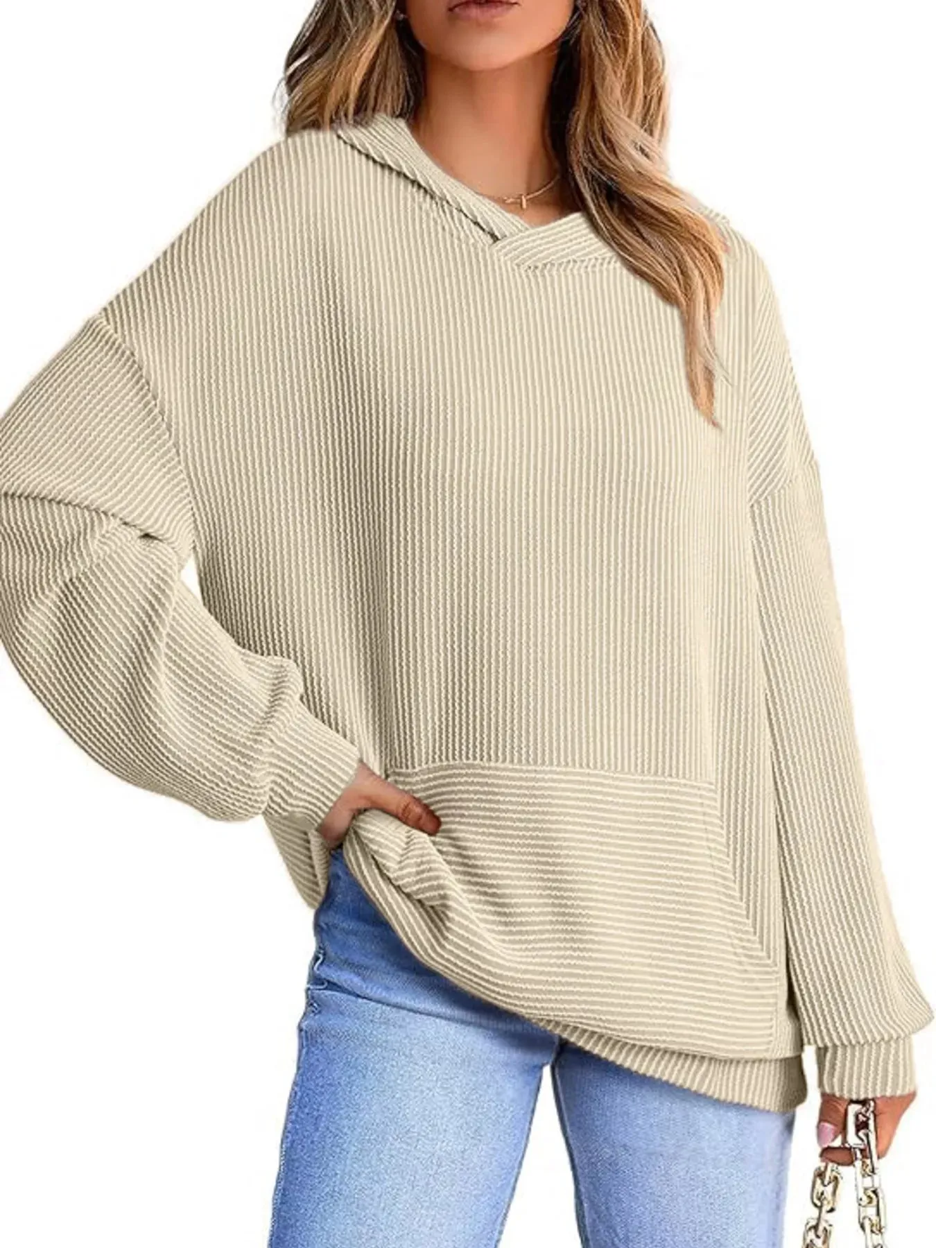 Ribbed Oversized Hoodie Sweatshirt with Pocket sold by Charming Charlie product image thumbnail 5