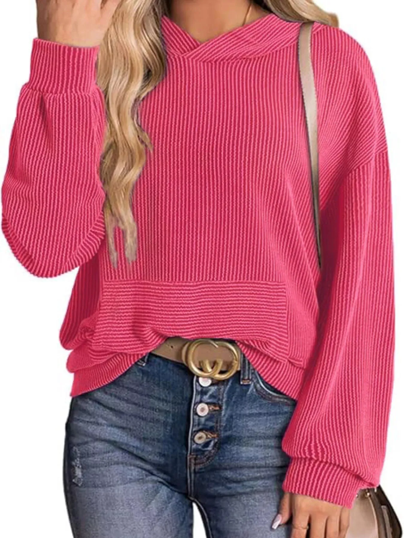 Ribbed Oversized Hoodie Sweatshirt with Pocket sold by Charming Charlie product image thumbnail 2
