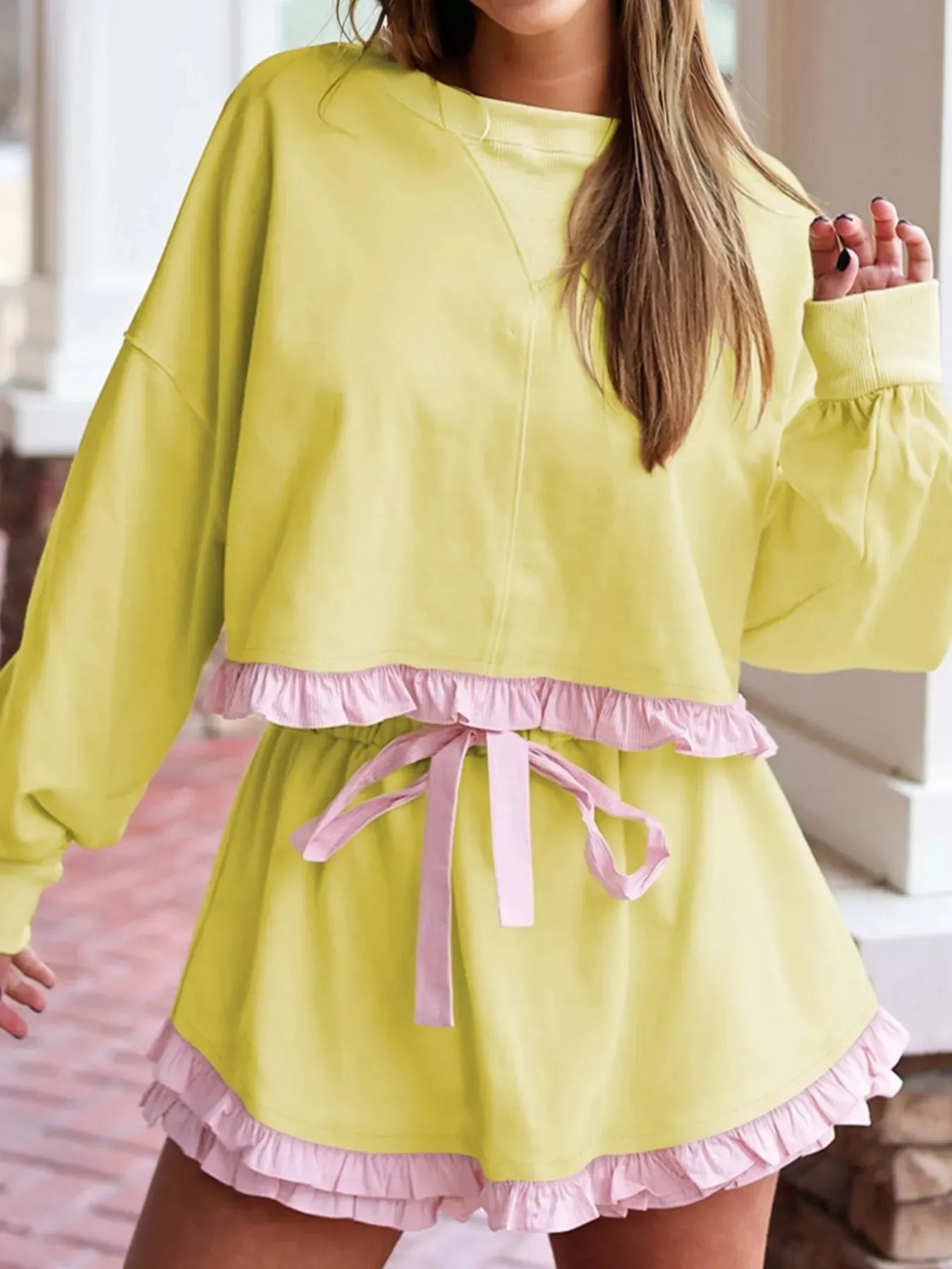 Contrast Frill Hem Round Neck Top and Shorts Set sold by Charming Charlie