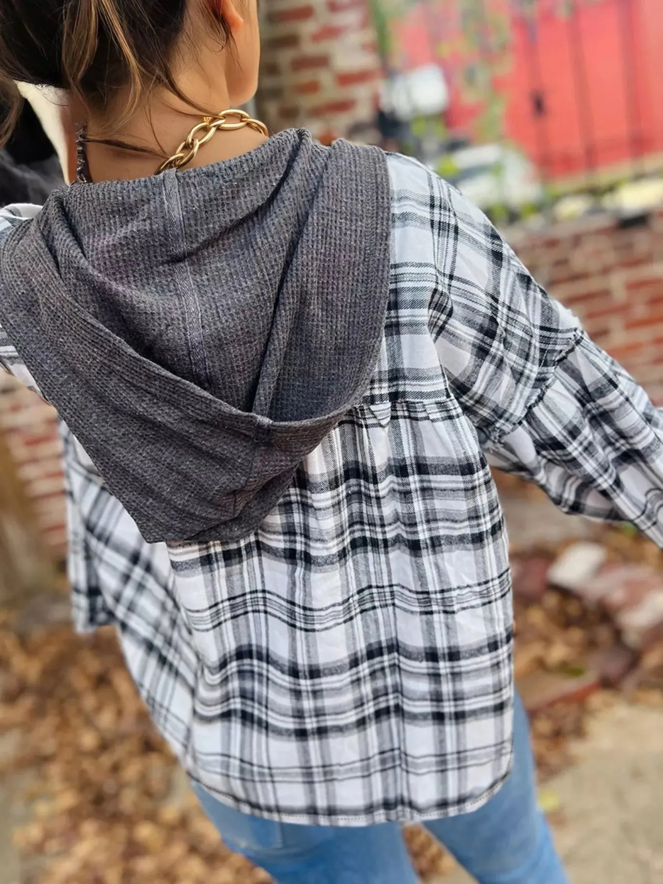 Plaid Long Sleeve Hooded Top sold by Charming Charlie product image thumbnail 2