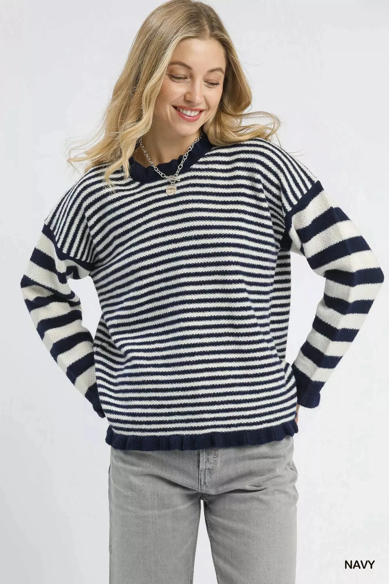 Umgee Ruffle Neck Stripe Sweater sold by Charming Charlie