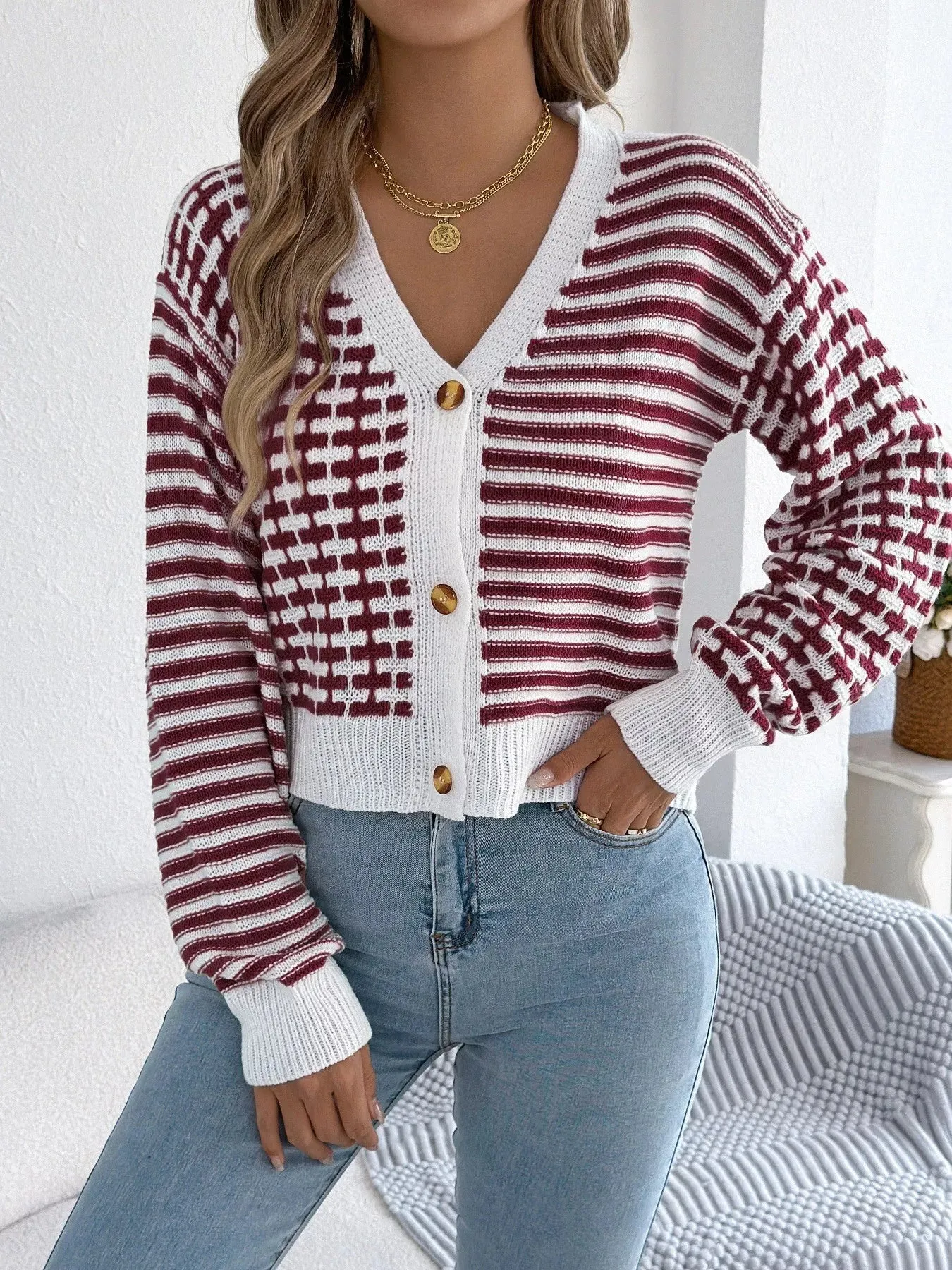 Striped Button-Up Cropped Cardigan sold by Charming Charlie product image thumbnail 4