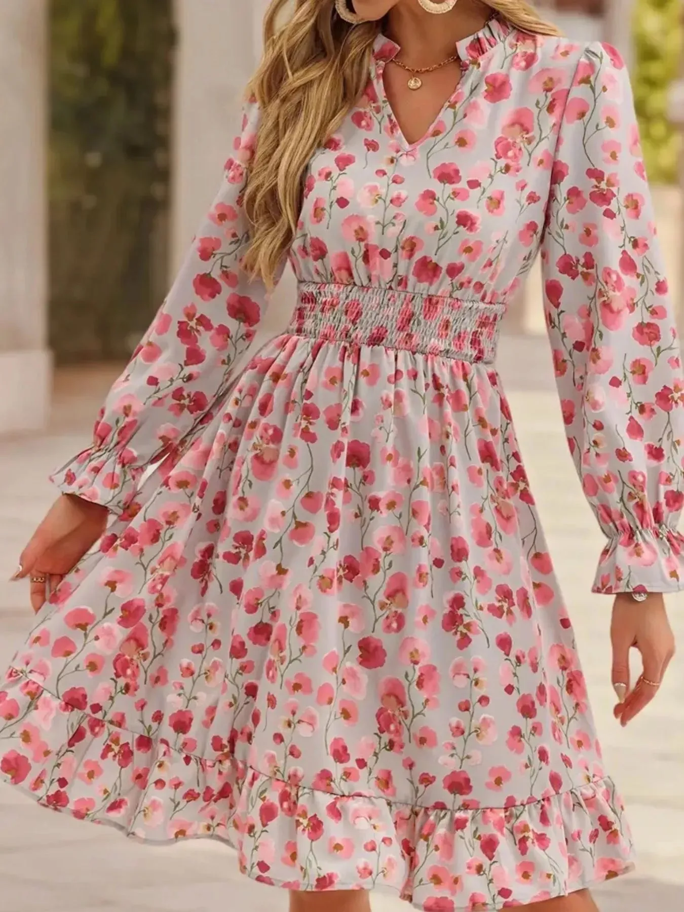 Floral Notched Flounce Sleeve Dress sold by Charming Charlie product image thumbnail 3