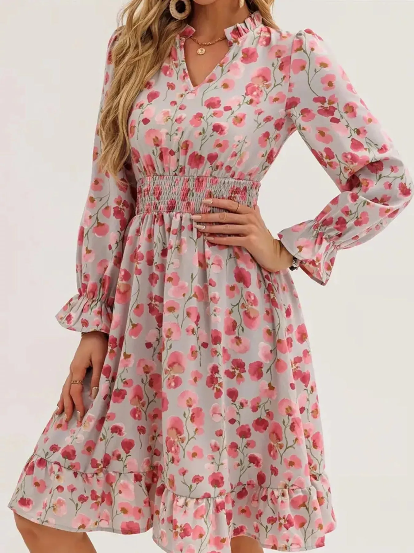 Floral Notched Flounce Sleeve Dress sold by Charming Charlie