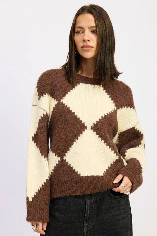 TWO TONE ARGYLE OVERSIZED SWEATER made by emory park