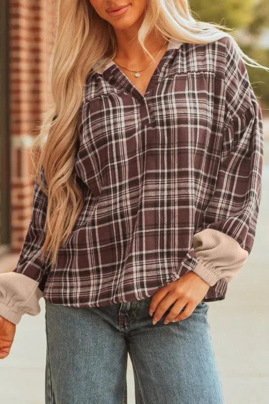 Plaid Quarter-Button Patchwork Long Sleeve Hooded sold by Charming Charlie