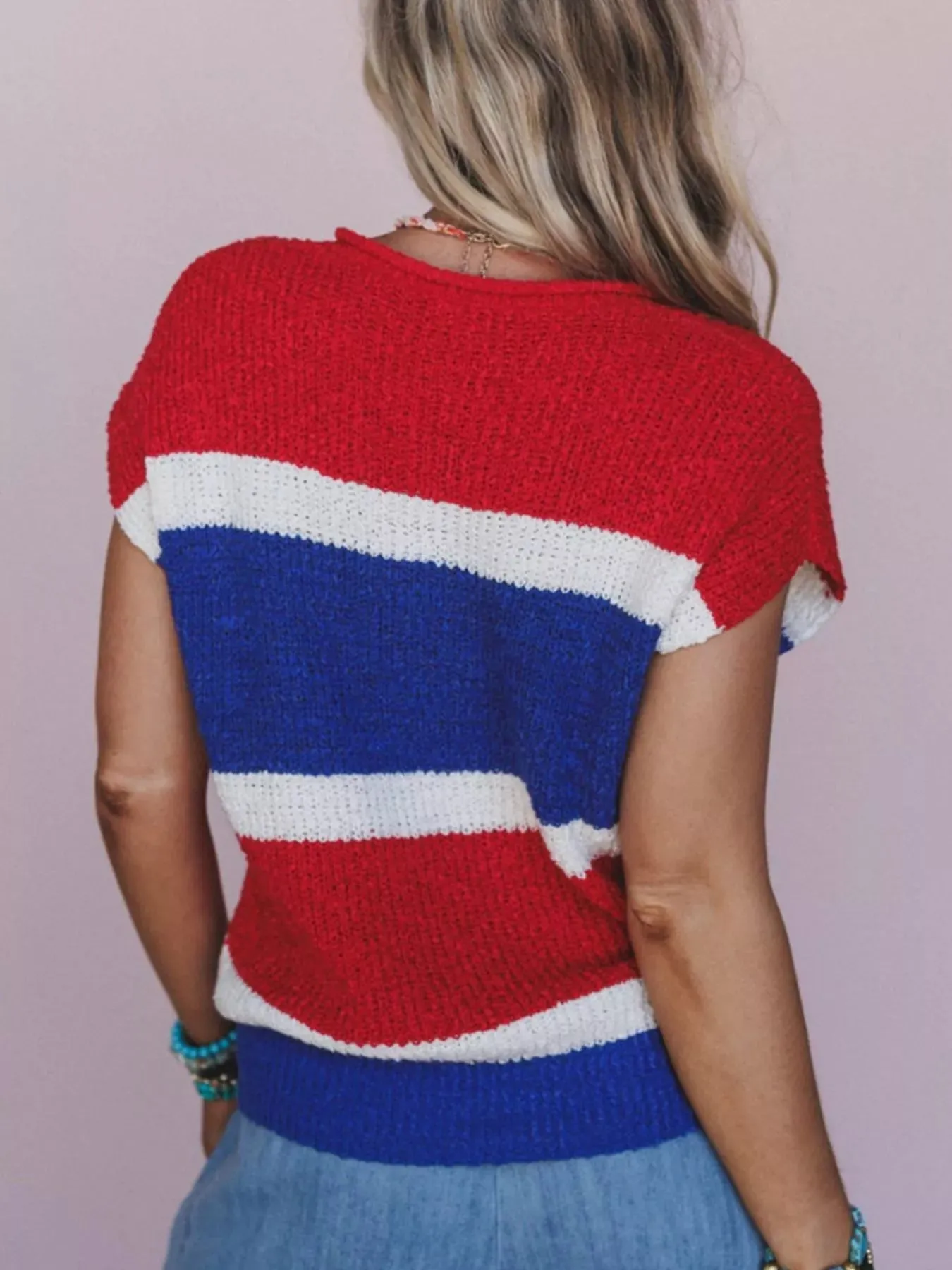 Striped Notched Short Sleeve Sweater sold by Charming Charlie product image thumbnail 2