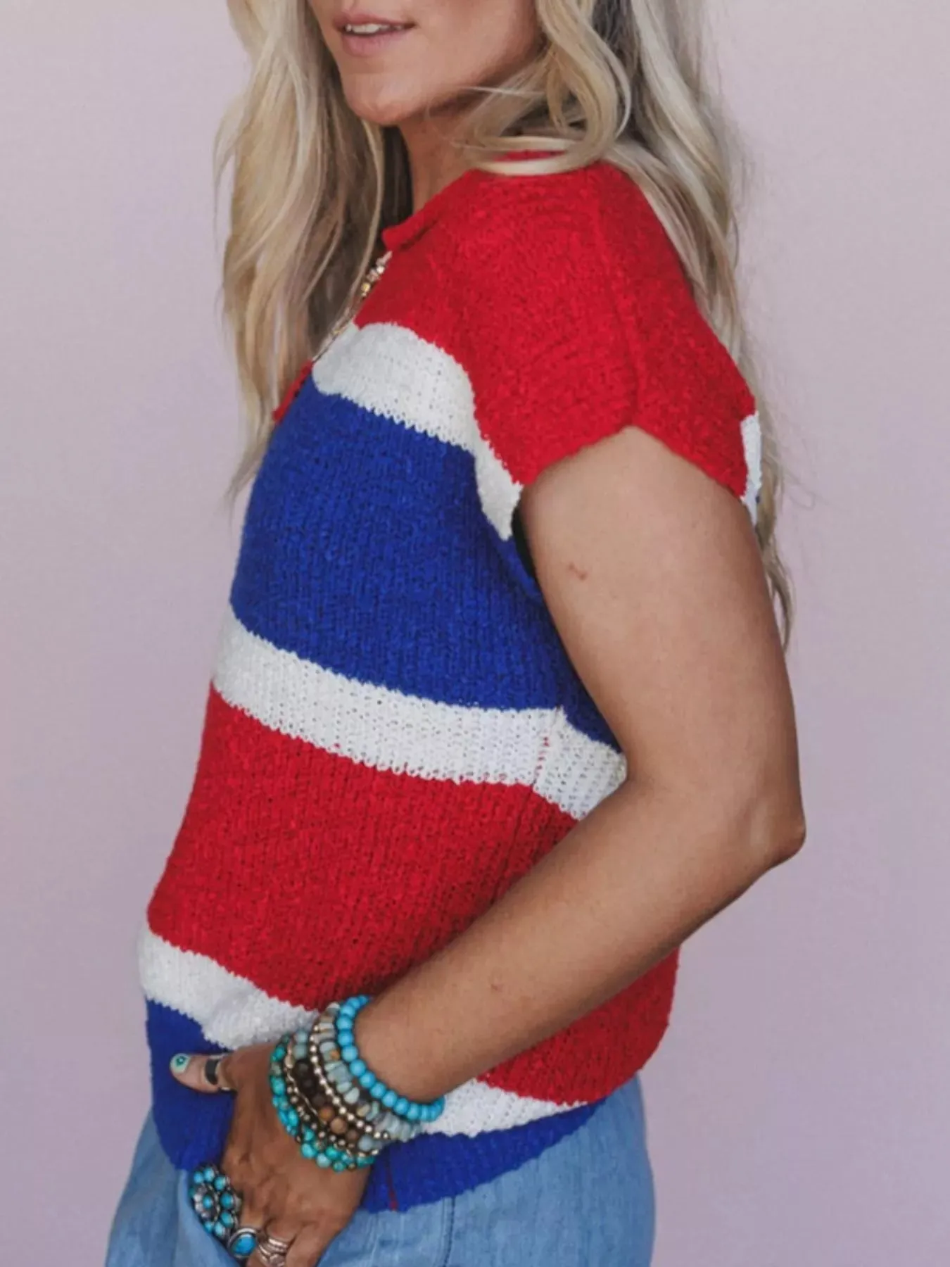 Striped Notched Short Sleeve Sweater sold by Charming Charlie product image thumbnail 4