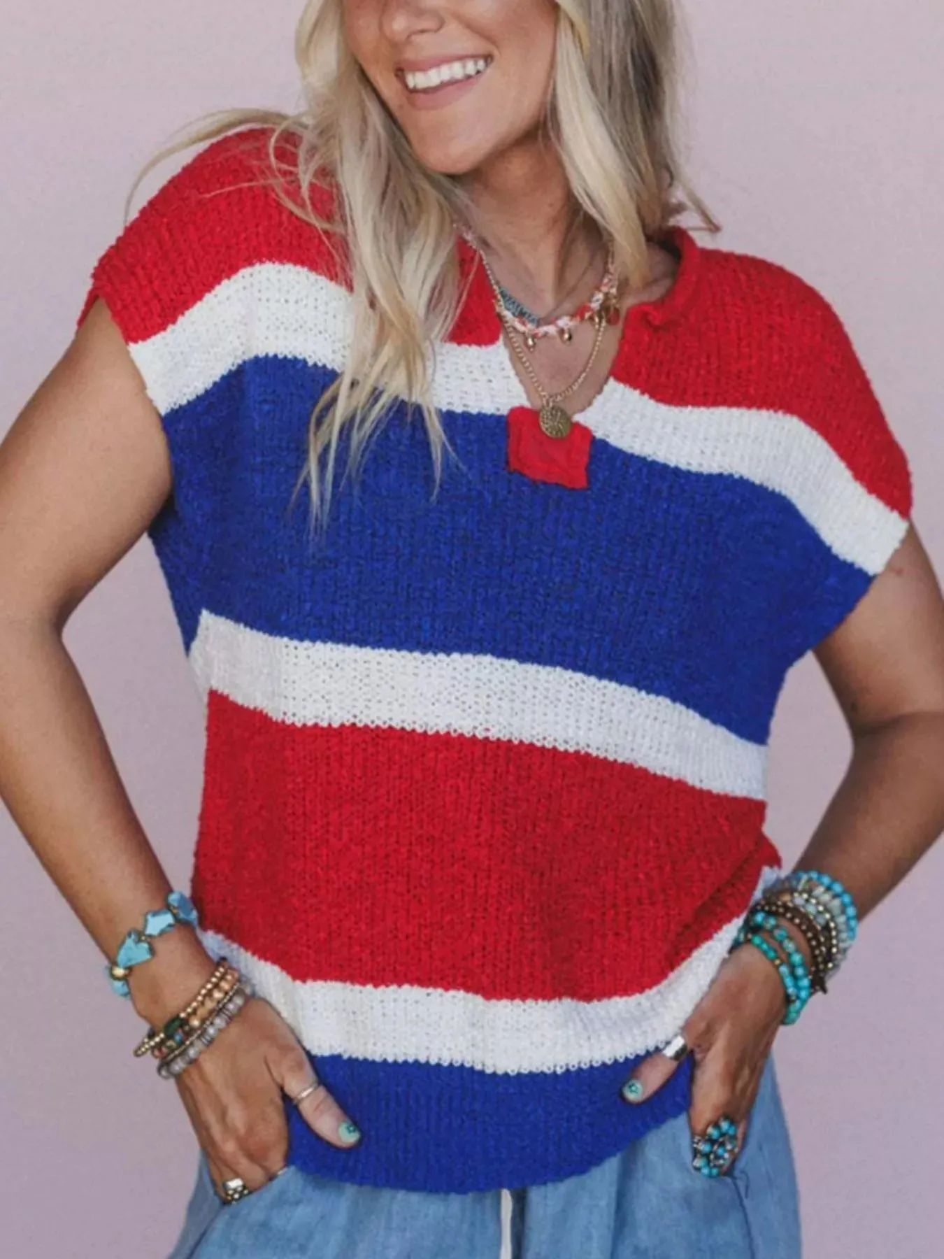 Striped Notched Short Sleeve Sweater sold by Charming Charlie