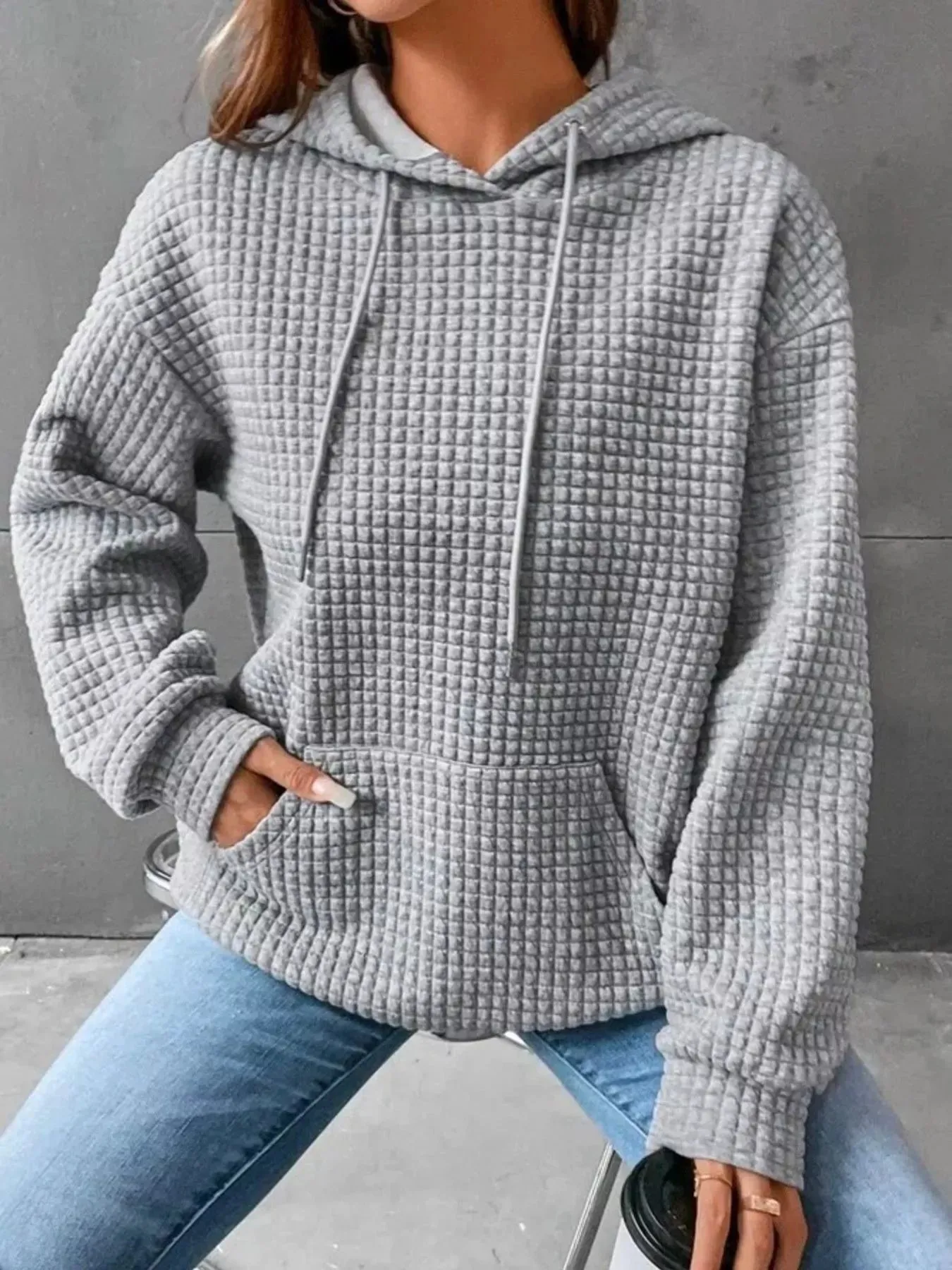 Waffle Knit Hoodie with Drawstring Details sold by Charming Charlie product image thumbnail 5