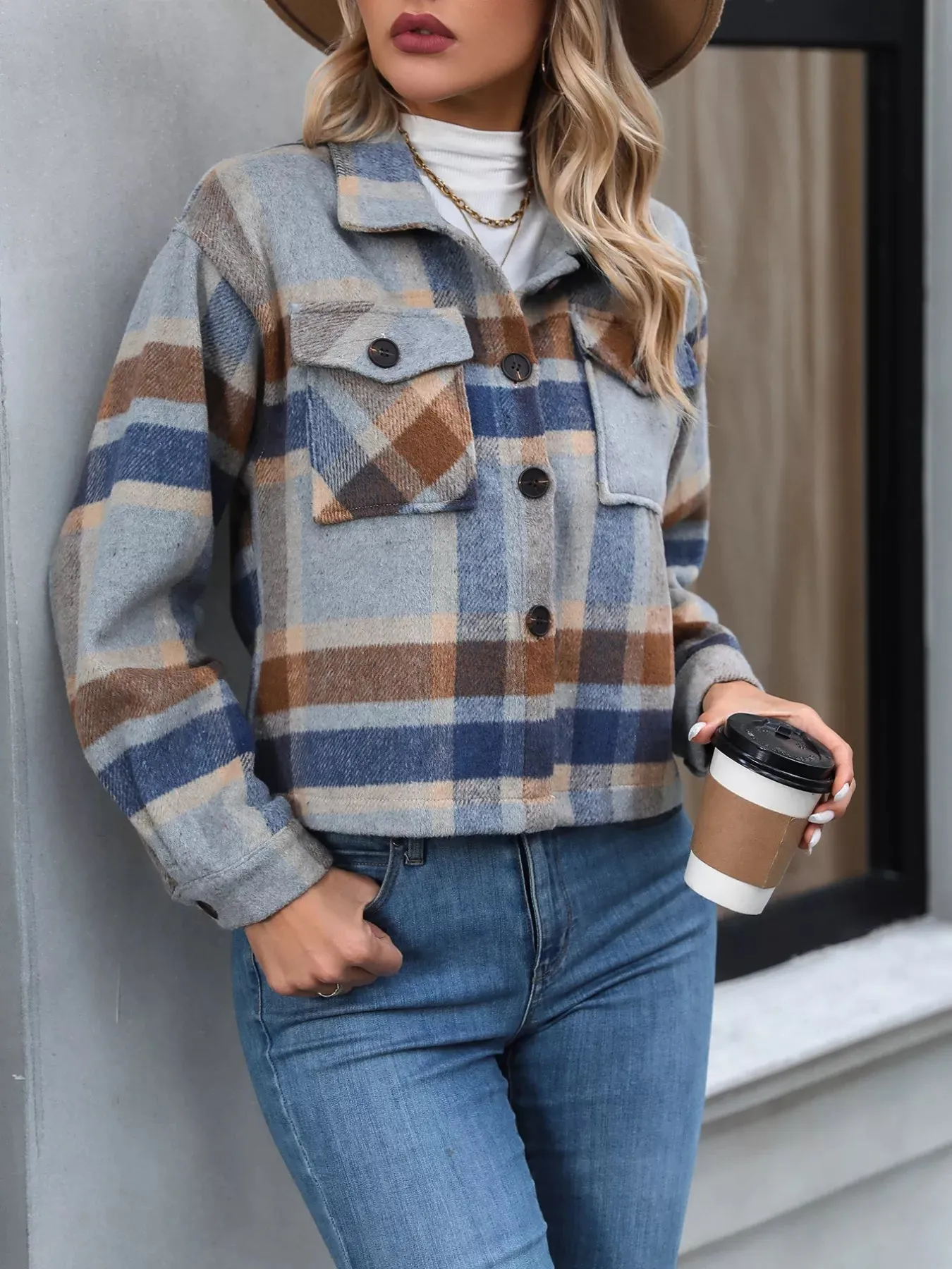 Plaid Oversized Button-Up Cropped Jacket sold by Charming Charlie product image thumbnail 5