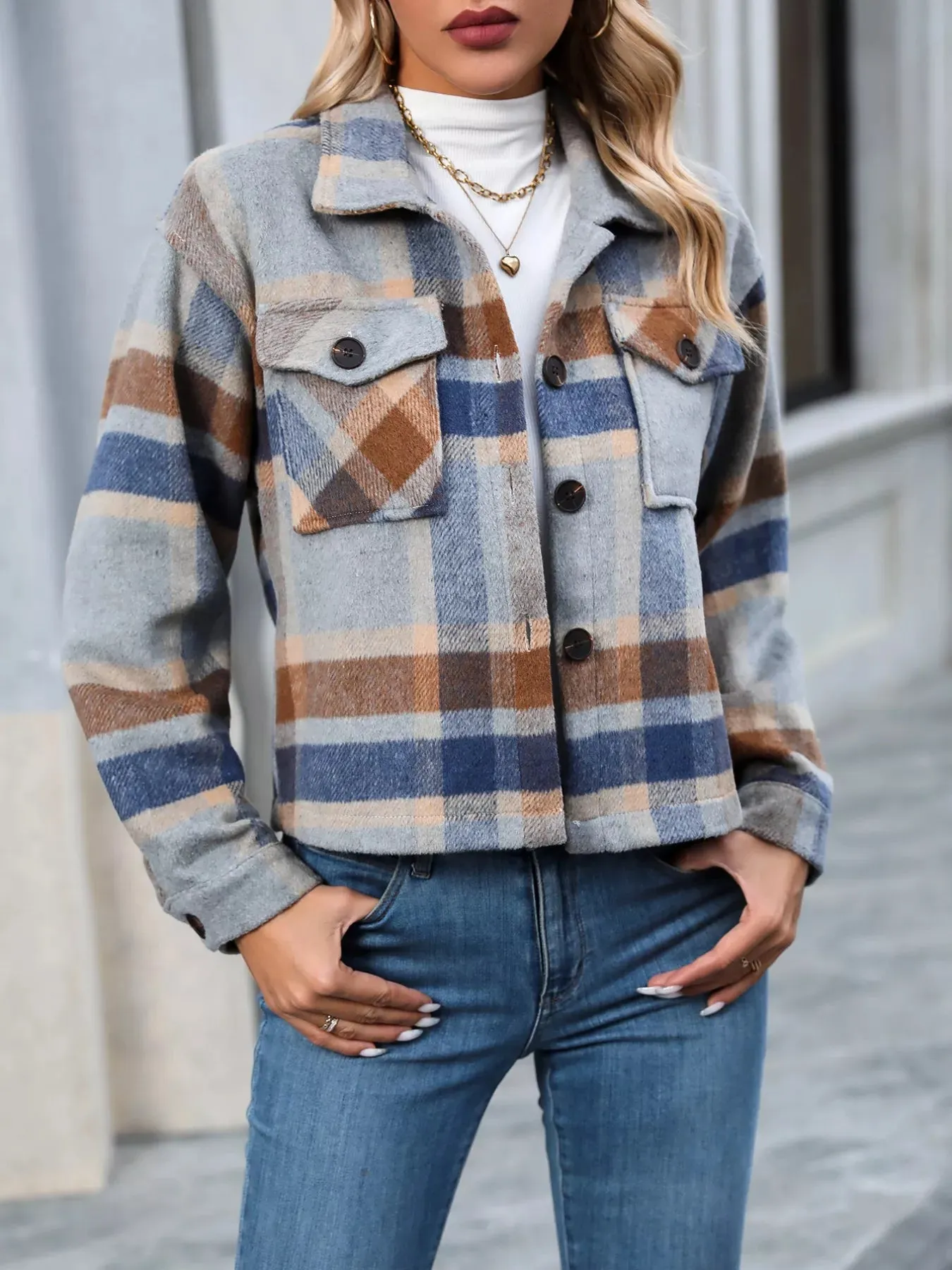 Plaid Oversized Button-Up Cropped Jacket sold by Charming Charlie product image thumbnail 3