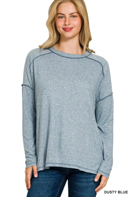 Zenana Full Size Melange Hacci Exposed Seam Hi-low Tee Plus Size sold by Charming Charlie