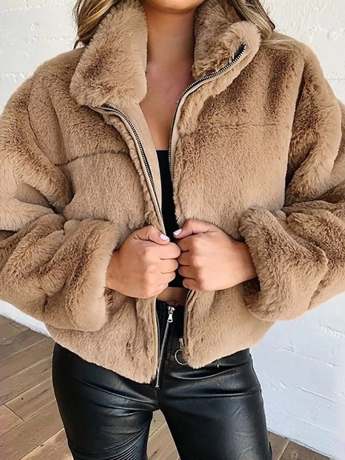 Full Size Faux Fur Cropped Zip-Up Jacket Plus Size sold by Charming Charlie