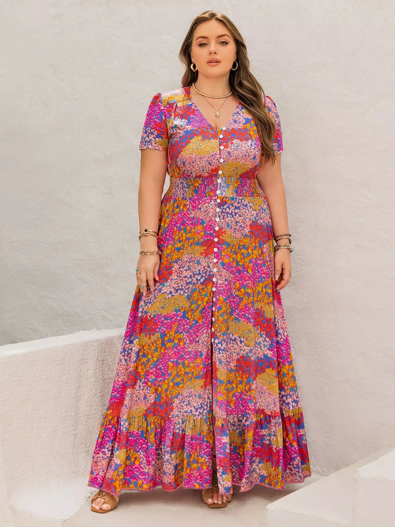 Plus Size Printed V-Neck Short Sleeve Maxi Dress sold by Charming Charlie product image thumbnail 2