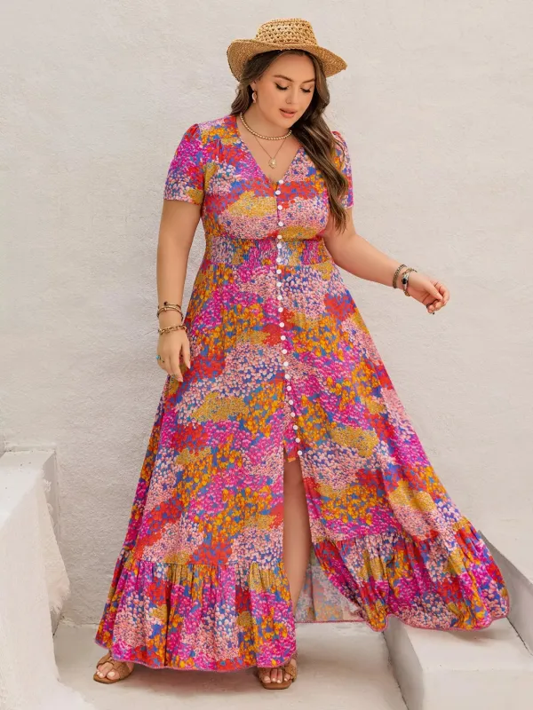 Plus Size Printed V-Neck Short Sleeve Maxi Dress sold by Charming Charlie