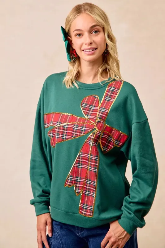 BiBi Plaid Ribbon Bow Detail Christmas Fleece Pullover made by Trendsi