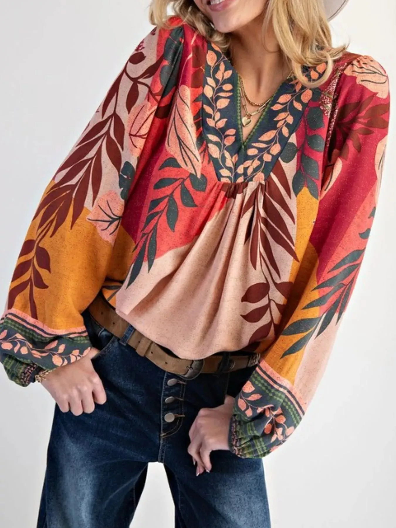 Tropical Print Balloon Sleeve Blouse sold by Charming Charlie product image thumbnail 2