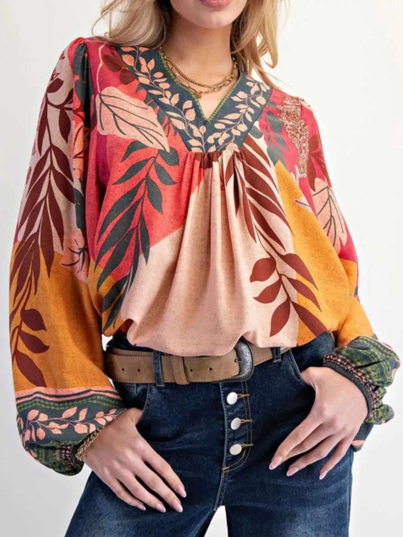 Tropical Print Balloon Sleeve Blouse sold by Charming Charlie