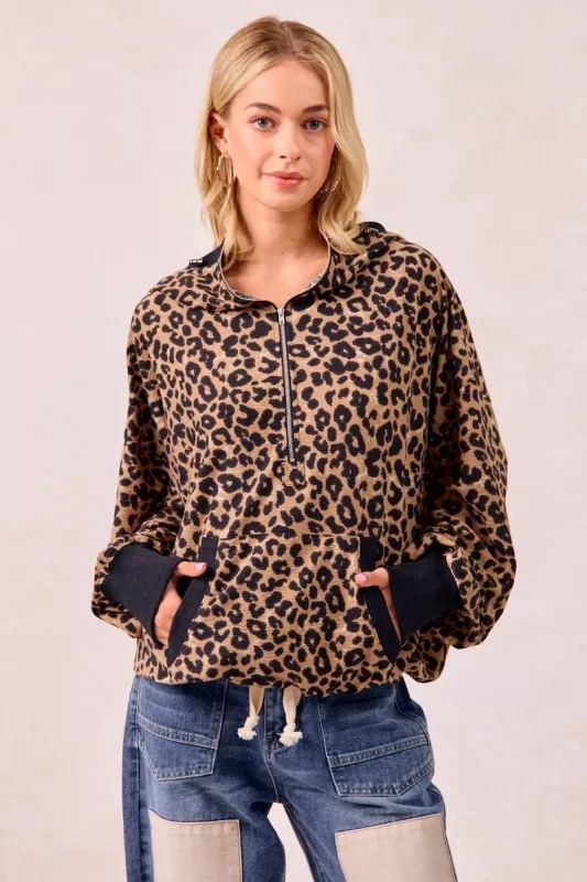 BiBi Leopard Print Waffle Half Zip Up Hoodie W Pocket sold by Charming Charlie
