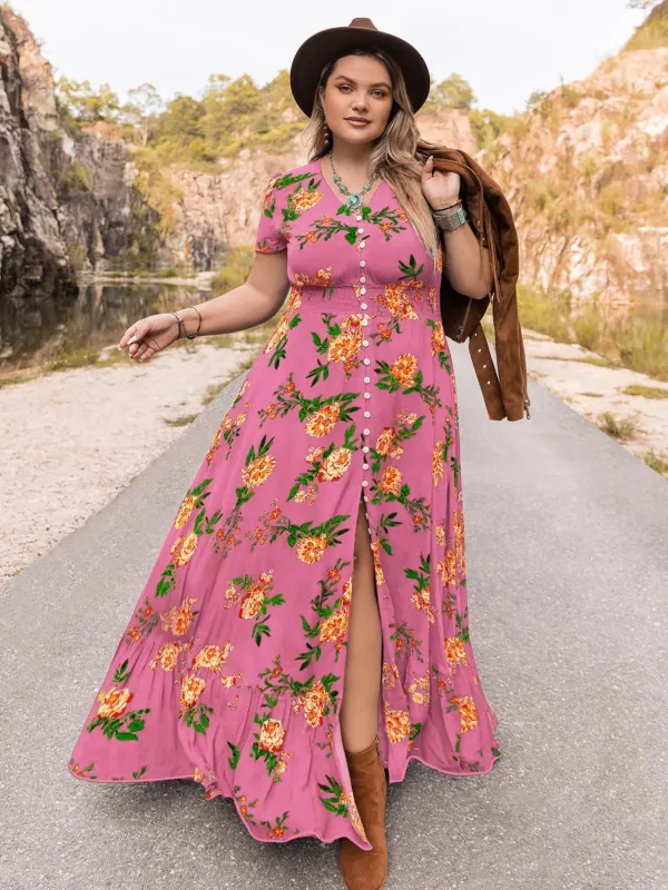 Plus Size Floral V-Neck Short Sleeve Maxi Dress sold by Charming Charlie