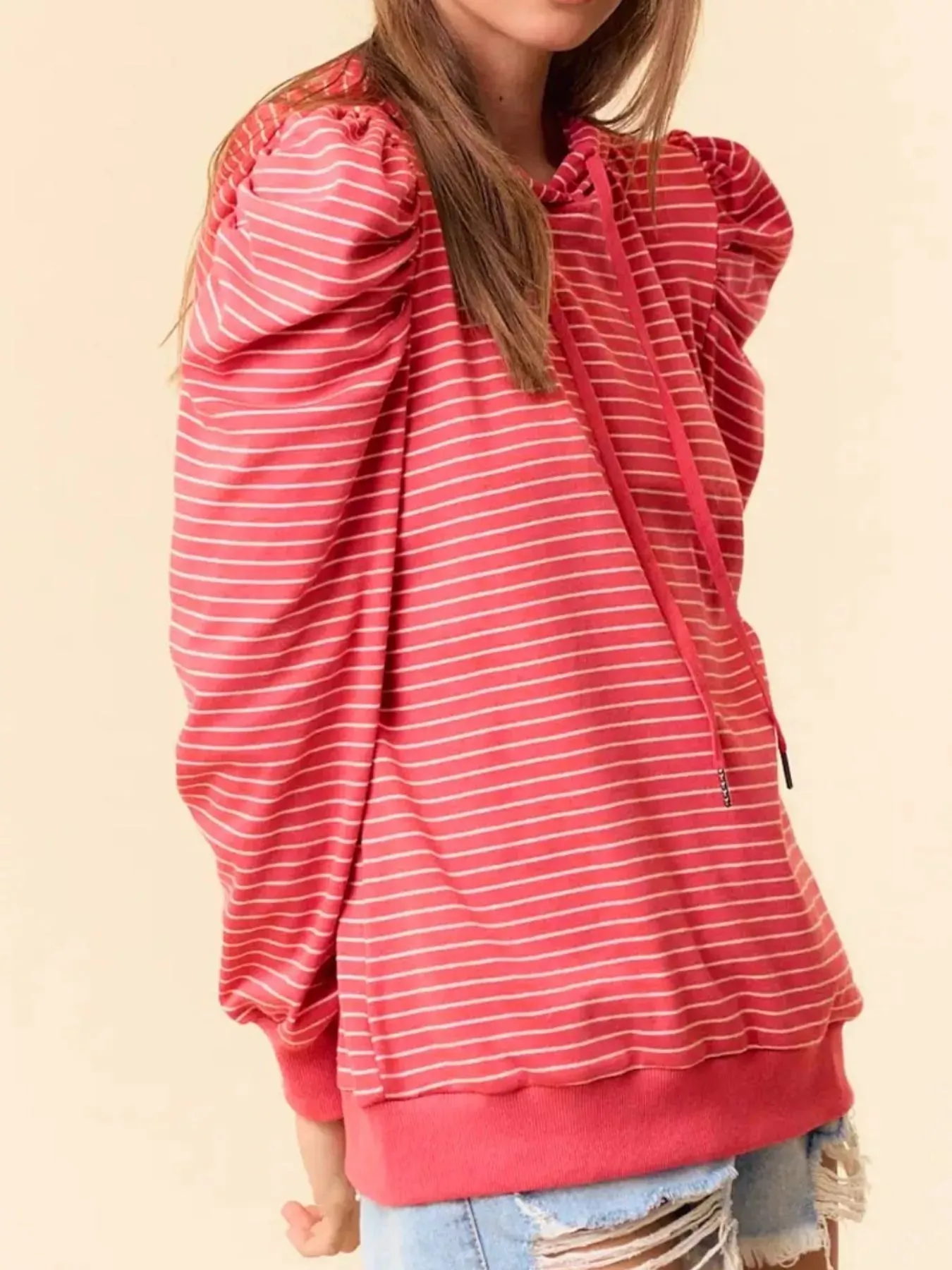 Striped Puff Sleeve Hoodie with Drawstring sold by Charming Charlie product image thumbnail 5