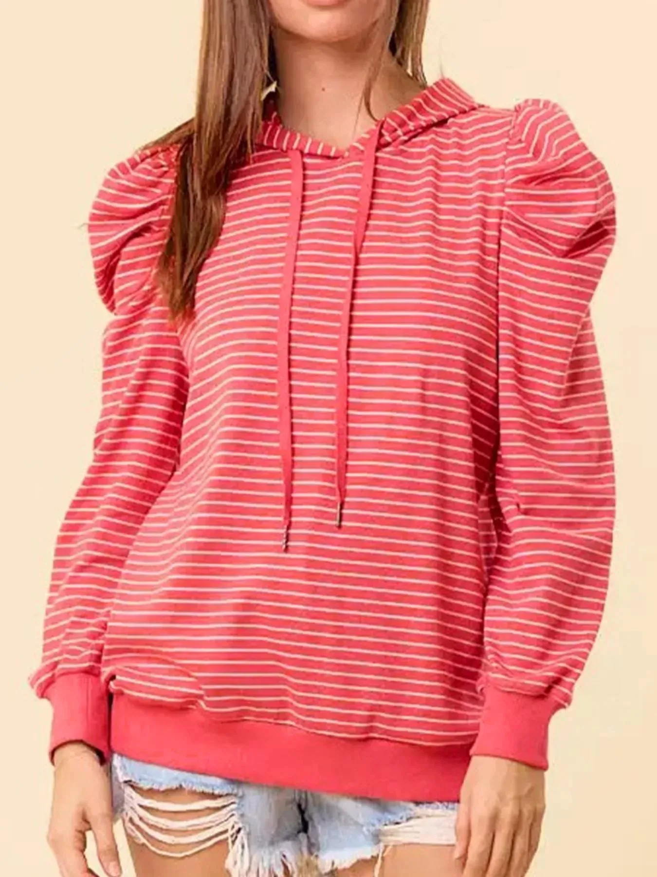 Striped Puff Sleeve Hoodie with Drawstring sold by Charming Charlie product image thumbnail 3