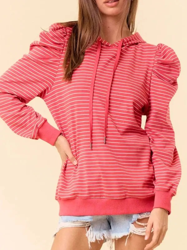 Striped Puff Sleeve Hoodie with Drawstring sold by Charming Charlie