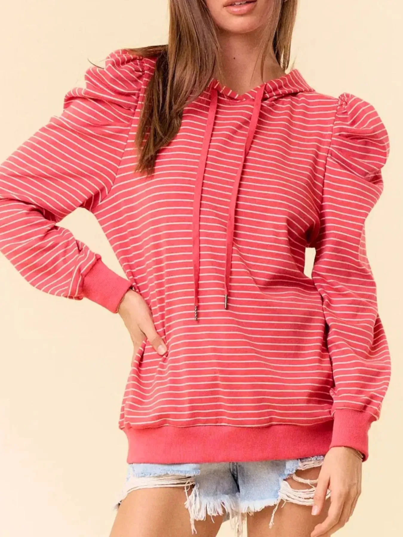 Striped Puff Sleeve Hoodie with Drawstring sold by Charming Charlie