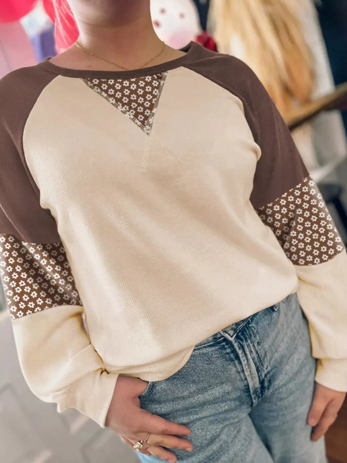 Floral Print Patchwork Color Block Long Sleeve Top sold by Charming Charlie