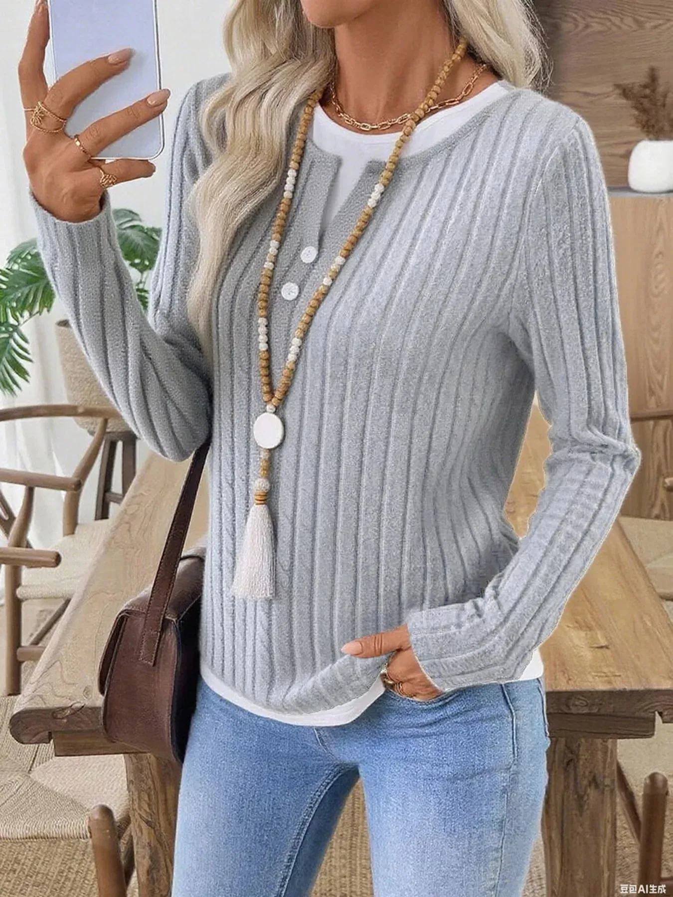 Ribbed Knit Button Detail Contrast Sweater sold by Charming Charlie product image thumbnail 3