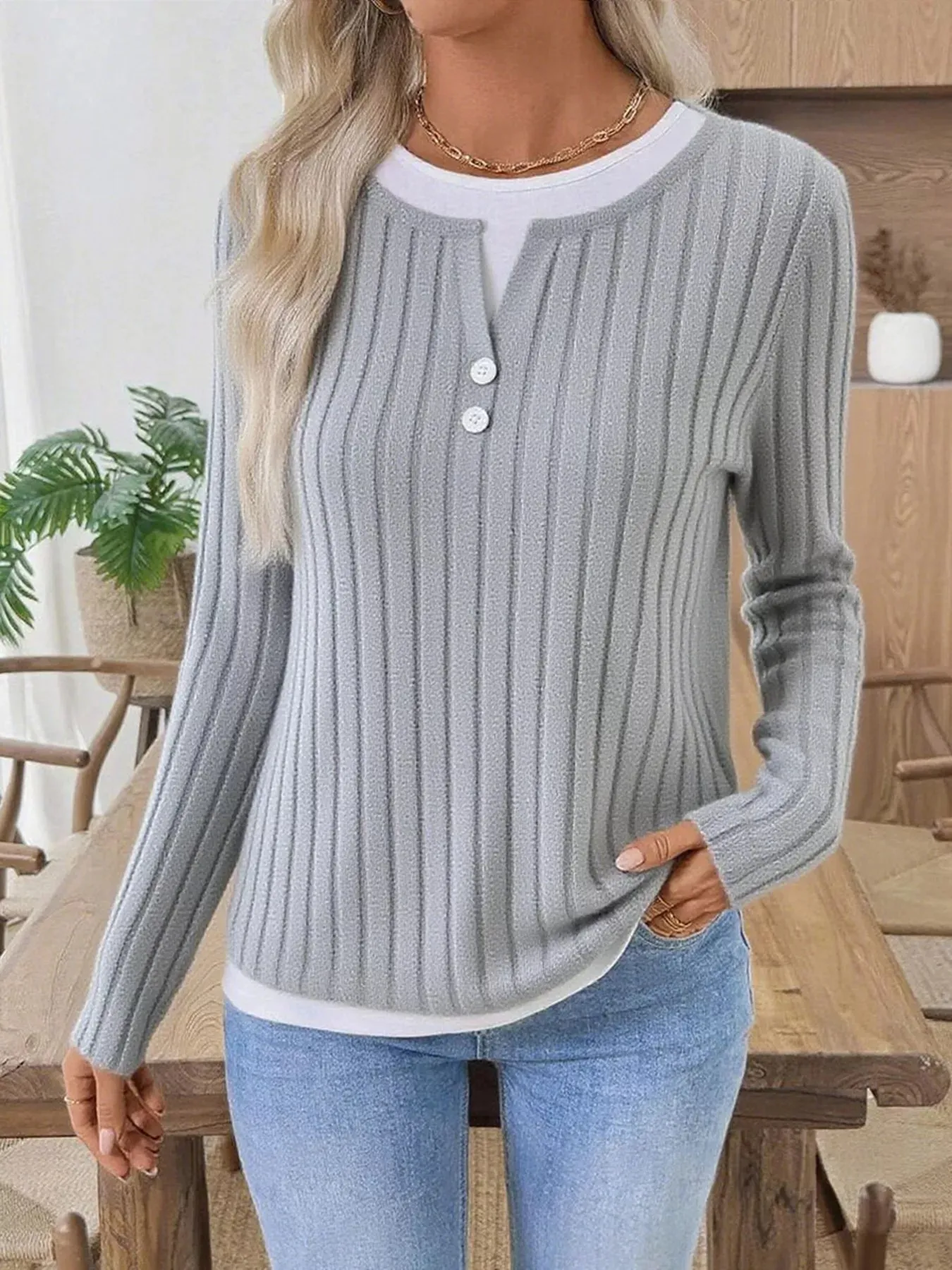 Ribbed Knit Button Detail Contrast Sweater sold by Charming Charlie product image thumbnail 4