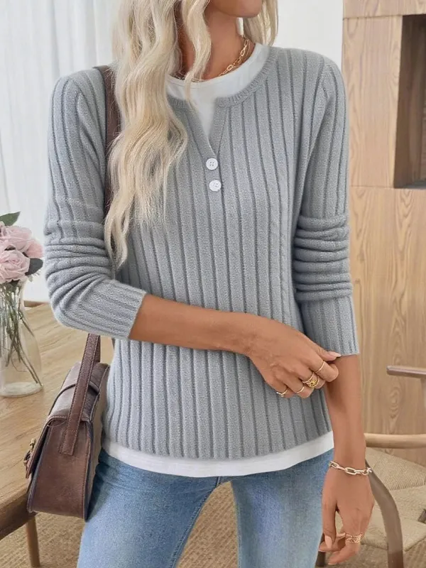 Ribbed Knit Button Detail Contrast Sweater sold by Charming Charlie