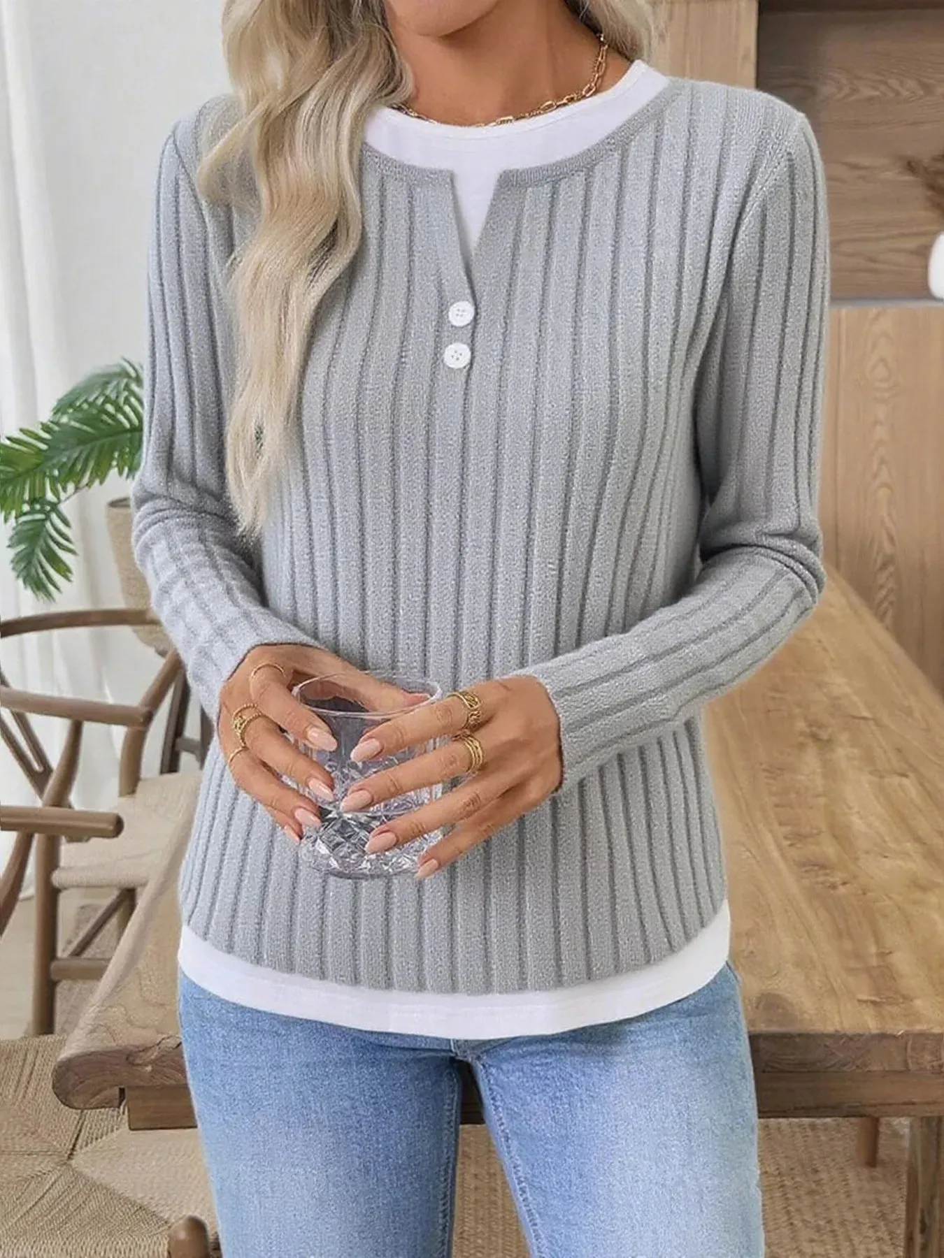 Ribbed Knit Button Detail Contrast Sweater sold by Charming Charlie product image thumbnail 5