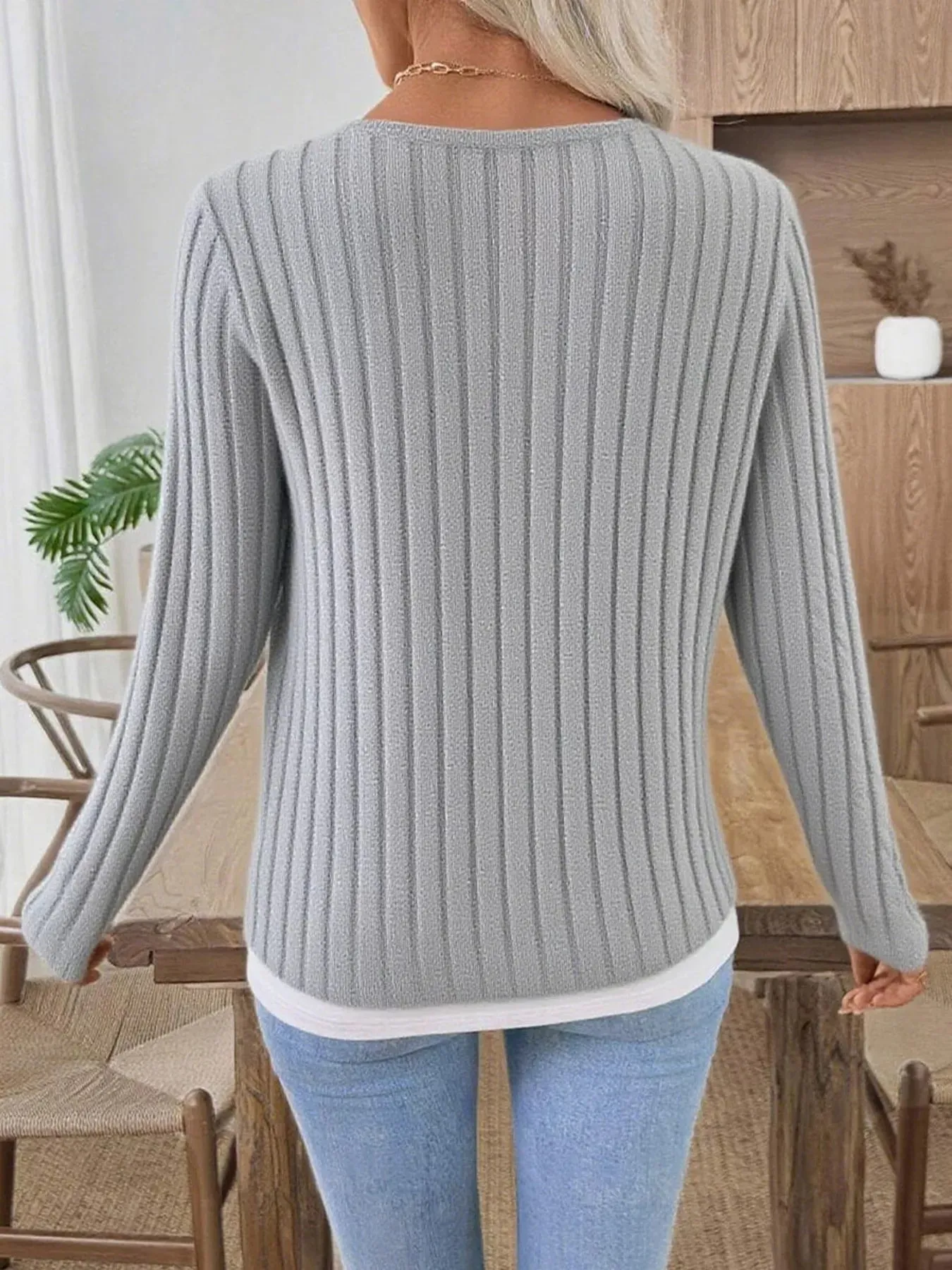 Ribbed Knit Button Detail Contrast Sweater sold by Charming Charlie product image thumbnail 2