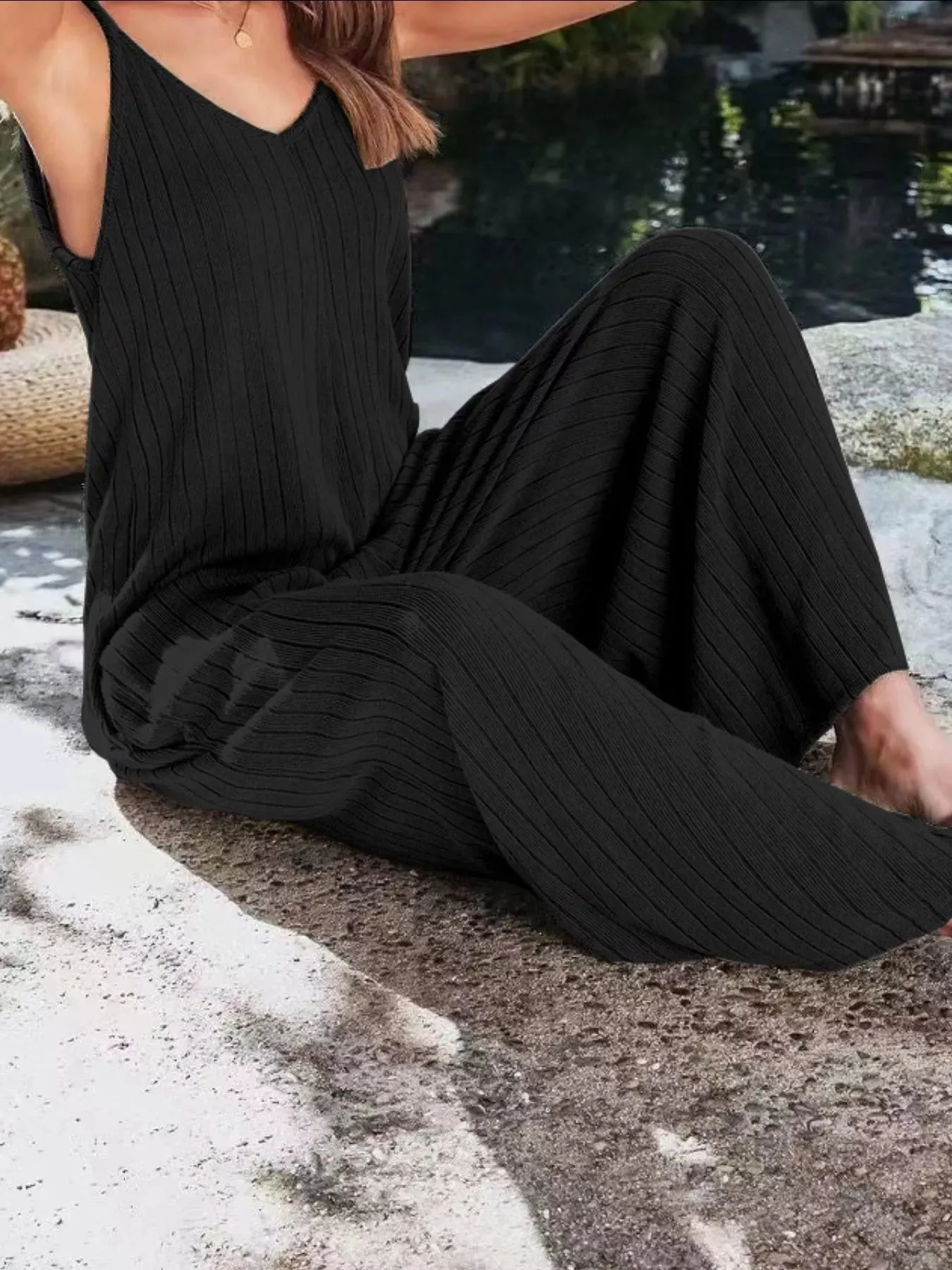 Ribbed V-Neck Wide Leg Jumpsuit sold by Charming Charlie product image thumbnail 4